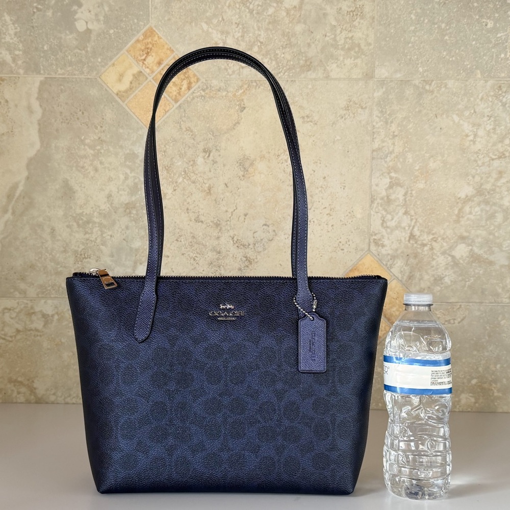 Coach Fiona Small Signature CC Shoulder Tote Bag Metallic Navy